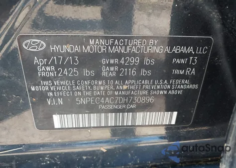 2013 Hyundai Sonata Se z USA, uszkodzony, nr VIN 5NPEC4AC7DH730896